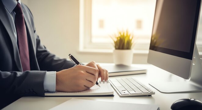 Businessperson Writing Notes in Modern Office with Computer and Plant