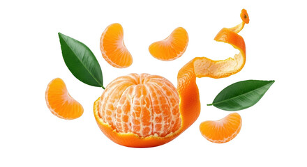 Peeled tangerine with segments scattered around green leaves and a detached peel spiral isolate Clementine Mandarin Citrus Fruit Slice Leaf Orange Fresh