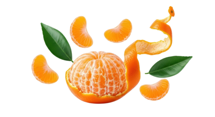 Peeled tangerine with segments scattered around green leaves and a detached peel spiral isolate Clementine Mandarin Citrus Fruit Slice Leaf Orange Fresh