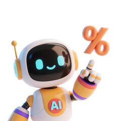3D cute AI robot holding shopping and discount elements, representing online shopping, sales, and promotion concepts, isolated on png file.