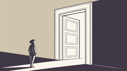 Silhouette of a person standing before a large open doorway casting a long shadow symbolizing opportunity and new beginnings