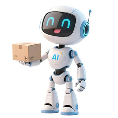 3D cute AI robot holding shopping and discount elements, representing online shopping, sales, and promotion concepts, isolated on png file.