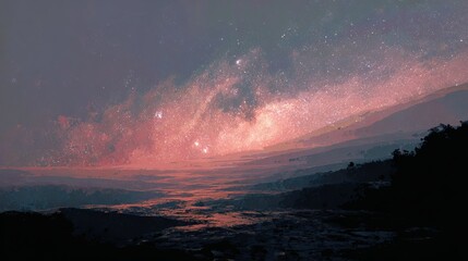 Stunning cosmic nebula glows vibrantly over serene alien landscape inspiring wonder and exploration