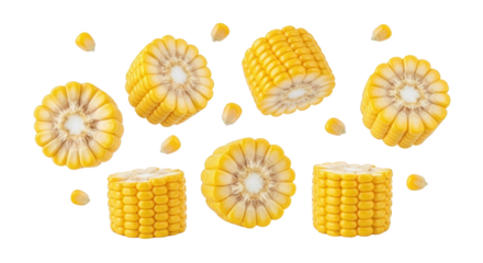 Fresh yellow corn kernels and cobs arranged in a dynamic composition with individual kernels scattered around isolate corn on the cob food sweet corn agriculture