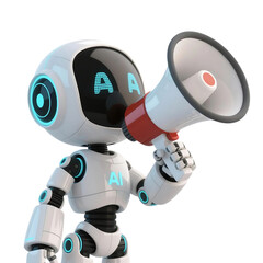 3D cute AI robot holding shopping and discount elements, representing online shopping, sales, and promotion concepts, isolated on png file.