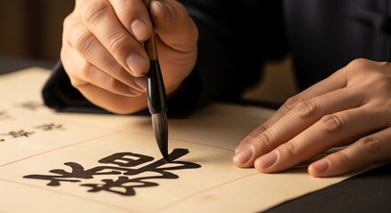 Person Writing Calligraphy with Brush on Paper in Traditional Art Style