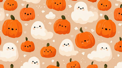 Obraz premium Halloween seamless pattern design with cute pumpkin emoticons