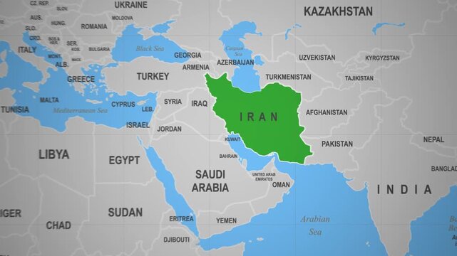 Iran highlighted on a world map display
