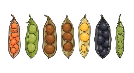 Vibrantly Illustrated Collection of Diverse Legume Pods with Seeds, Showcasing Different Varieties of Healthy Peas and Beans for Culinary Use and Nutritional Benefits, Isolated Vector Graphic