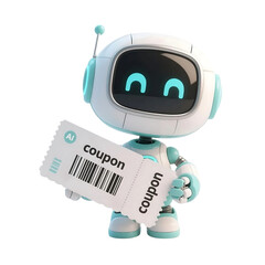 3D cute AI robot holding shopping and discount elements, representing online shopping, sales, and promotion concepts, isolated on png file.