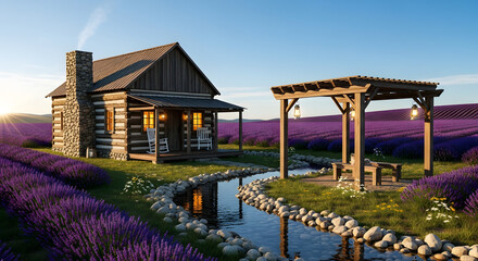 Charming log cabin overlooking a stunning lavender field at sunset, featuring a tranquil stream and a cozy pergola. An idyllic rustic escape