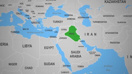 Iraq highlighted on a world map view

