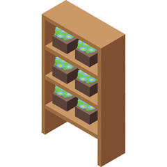 Isometric Wooden Bookshelf Displaying Six Small Brown Planters Filled With Blue Flowers And Green Leaves On A White Transparent Background