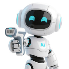 3D cute AI robot holding shopping and discount elements, representing online shopping, sales, and promotion concepts, isolated on png file.