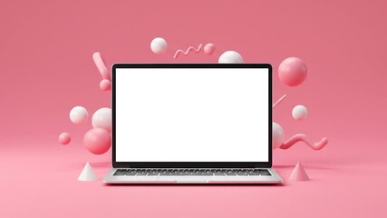Laptop on pink background with abstract floating shapes, for mockup use - Powered by Adobe