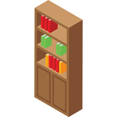 Isometric Wooden Bookshelf Filled With Colorful Books On White Background Vector Illustration