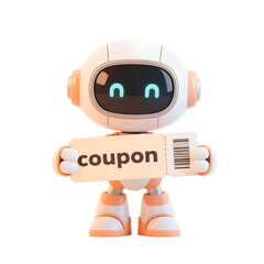 3D cute AI robot holding shopping and discount elements, representing online shopping, sales, and promotion concepts, isolated on png file.