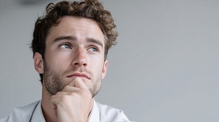 Obraz premium Pensive Caucasian male contemplating future aspirations, entwined with World Philosophy Day reflections and curious mind wanderings