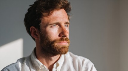 A contemplative Caucasian man gazes into the sunlight, evoking introspection and potential, perfect for New Year's reflection or World Philosophy Day