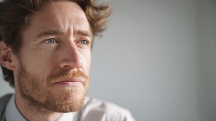 Pensive Caucasian male gazes into the distance, embodying introspection on World Philosophy Day, evoking zeniths of quiet contemplation