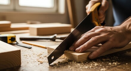 Person Sawing Wood in Workshop with Natural Light for Carpentry and Diy Projects