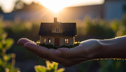 Small house in a human hand. New home, business, investment and real estate concept