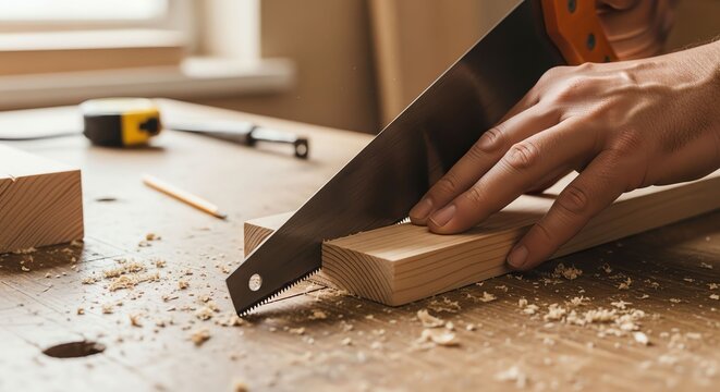 Person Cutting Wooden Board in Workshop with Saw and Wood Shavings
