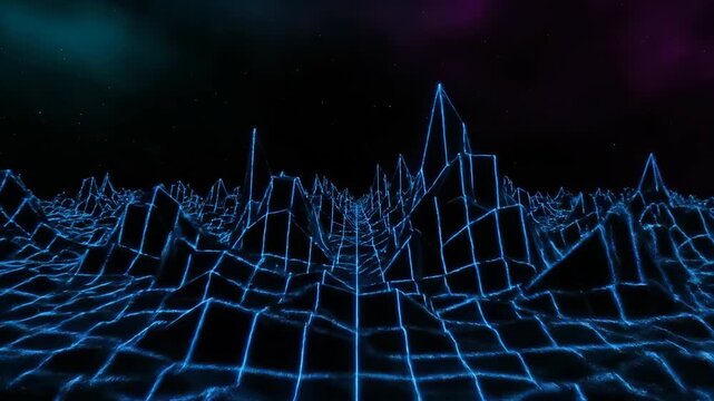 Retro Futuristic 3D Wireframe Landscape in Cyberpunk Style with Glowing Lines and Stars - Powered by Adobe