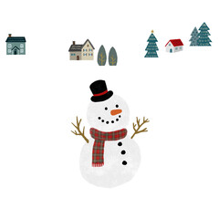 北欧風の家と木が並ぶ冬の景色と雪だるまのイラスト素材セット