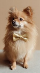 Obraz premium Dapper Pomeranian adorned in golden bow tie, exuding autumnal equinox charm and canine couture elegance, perfect for Pet Fashion Week