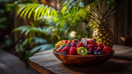 Vibrant tropical fruit bowl overflowing with strawberries, blueberries, kiwi, and pineapple, perfect for healthy eating inspiration.