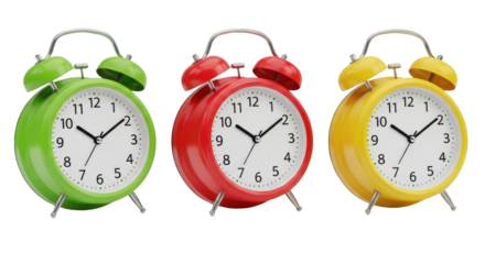 Three brightly colored retro alarm clocks in green red and yellow arranged in a row isolate vintage time timekeeping wake up morning classic round analog
