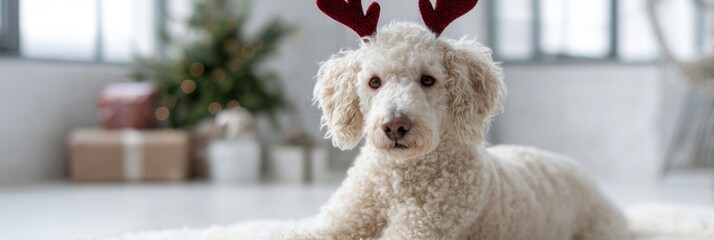 Cozy white poodle adorned with whimsical antlers, embracing the festive whimsy of Yule and Christmas in an ethereal glow