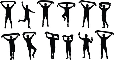 Celebration silhouettes, cheering fans, sports supporters, waving banners, jumping people, unity illustration, crowd excitement, scarf waving, victory celebration, fan culture