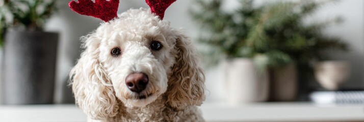 Fluffy poodle dons festive antlers, embodying whimsical Yuletide charm and canine joy, perfect for Howlidays and quirky pet portraits