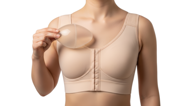 Woman's hand holding silicone breast prosthesis over beige post surgery bra with front closure isolated on black medical postsurgery garment healthcare transparent background