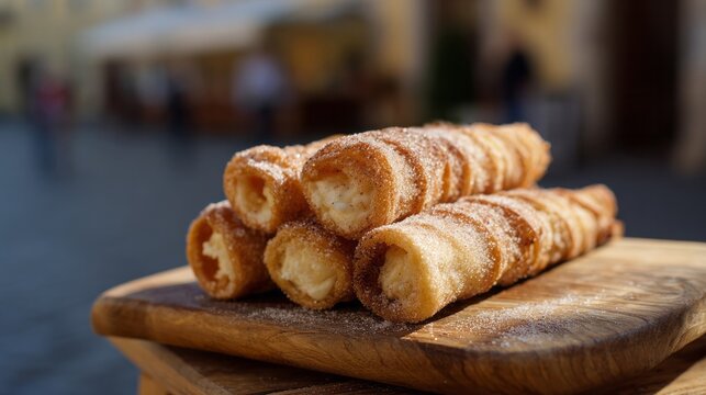 Golden chimney cakes glisten with sugar, evoking sweet indulgence of Hungarian festivals and cozy winter solstice celebrations