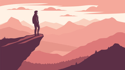 Lone silhouette of a person standing on a cliff edge overlooking a vast mountain range at sunset