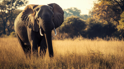 Obraz premium A huge elephant bull approaches in golden light