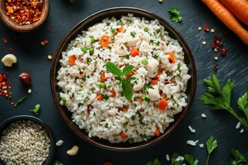 Savory chicken breast served over fluffy rice with fresh vegetables in a vibrant bowl from an overhead perspective