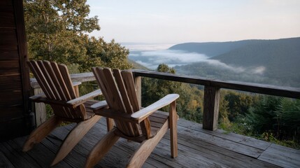 Two empty Adirondack chairs on misty mountain balcony evoke tranquility and introspection, ideal for Solitude Day and Forest Bathing