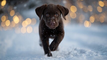 Adventurous chocolate Labrador puppy in twinkling snow, embodying playful winter solstice mischief, invoking Yuletide warmth with every paw