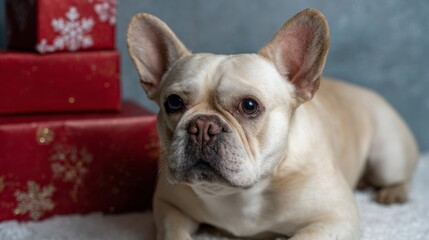 French Bulldog pondering holiday mysteries beside festive yuletide gifts, evoking cozy winter coziness, Boxing Day charm