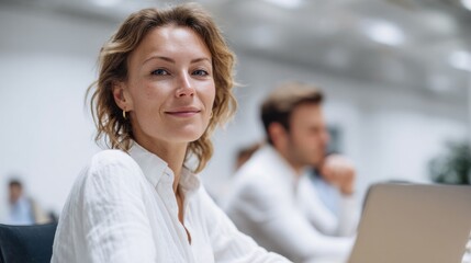 In the luminous whirl of an office sanctuary, a poised Caucasian woman radiates confidence amidst the cerebral harvest of National Novel Writing Month