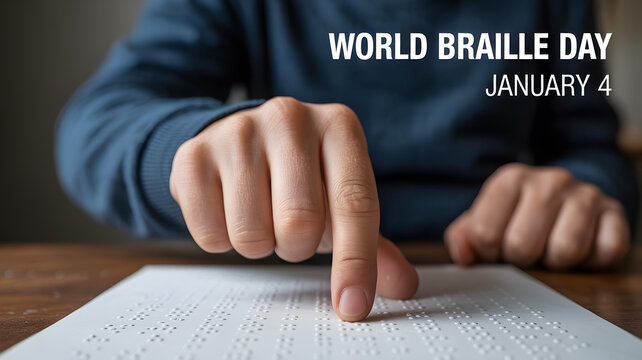 minimalist design for accessibility celebration with person reading braille script for visually impaired community - Powered by Adobe