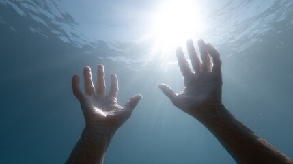 Floating hands reaching towards celestial luminescence, echoing Midsummer rituals, luminous water gestures, transcendent aquatic meditation