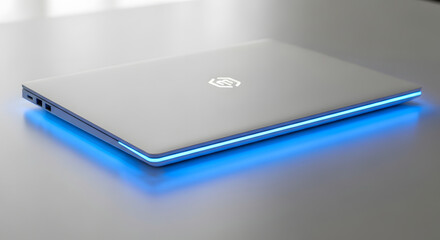 Sleek portable computing device with a vibrant blue illuminated base, highlighting innovative technology and elegant contemporary design aesthetics
