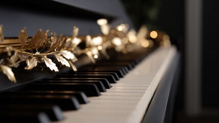 Elegant piano with shimmering golden leaves evokes autumnal serenades, resonating festive nostalgia for Diwali and Samhain celebrations