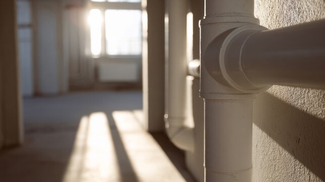 Sunlight slants through shadowy pipe corridors, evoking Hygge's cozy embrace and World Plumbing Days unsung architectural marvels