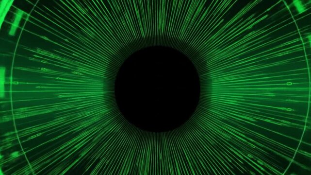 Abstract green digital tunnel design with circular shapes and binary code